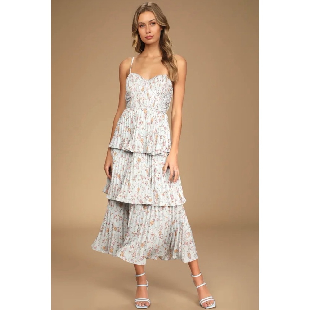 Cascading Crush Pale Blue Floral Print Tiered Bustier Midi Dress